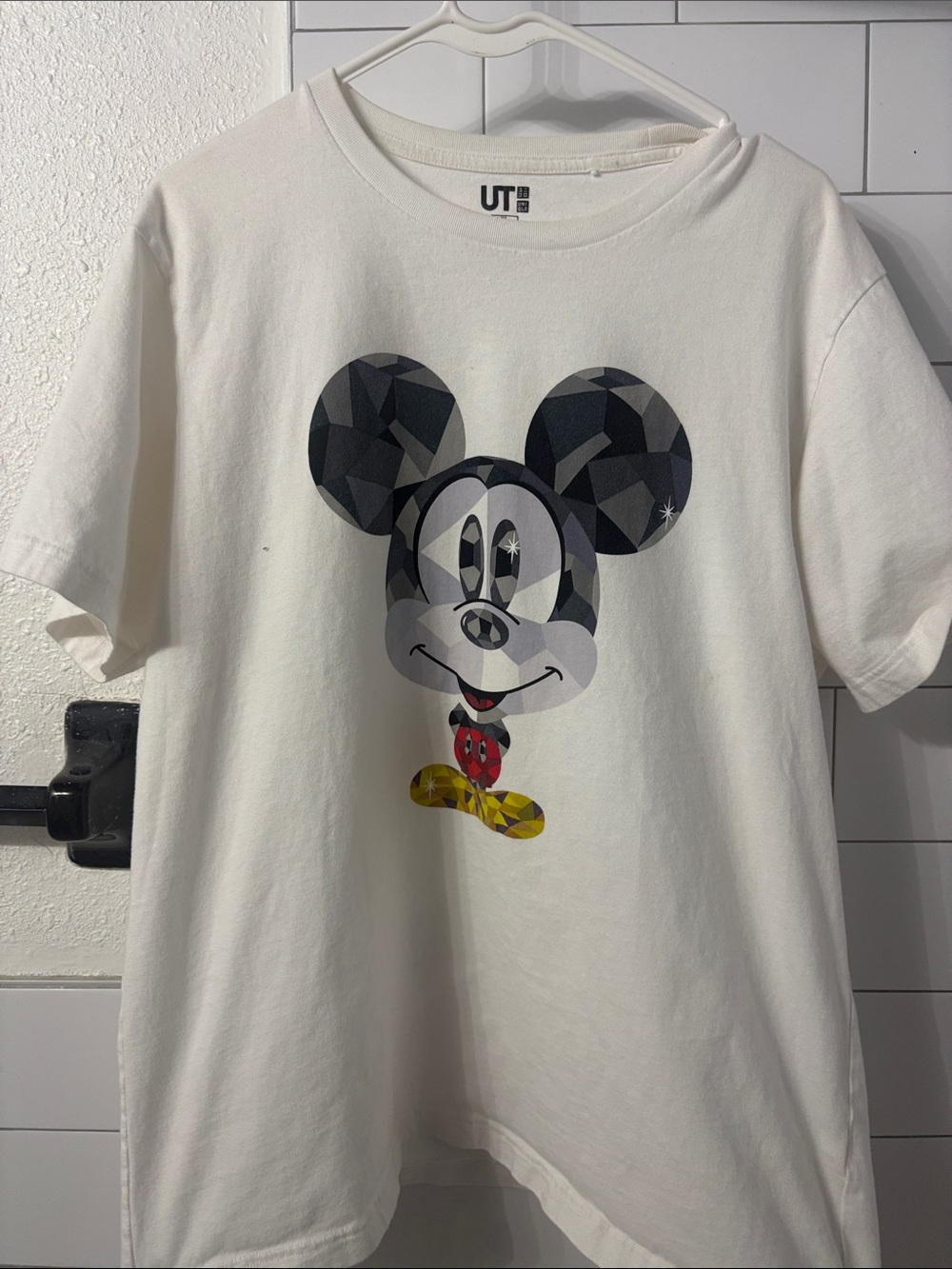 Uniqlo Kids White Mickey Mouse Graphic Tee with Geometric Print